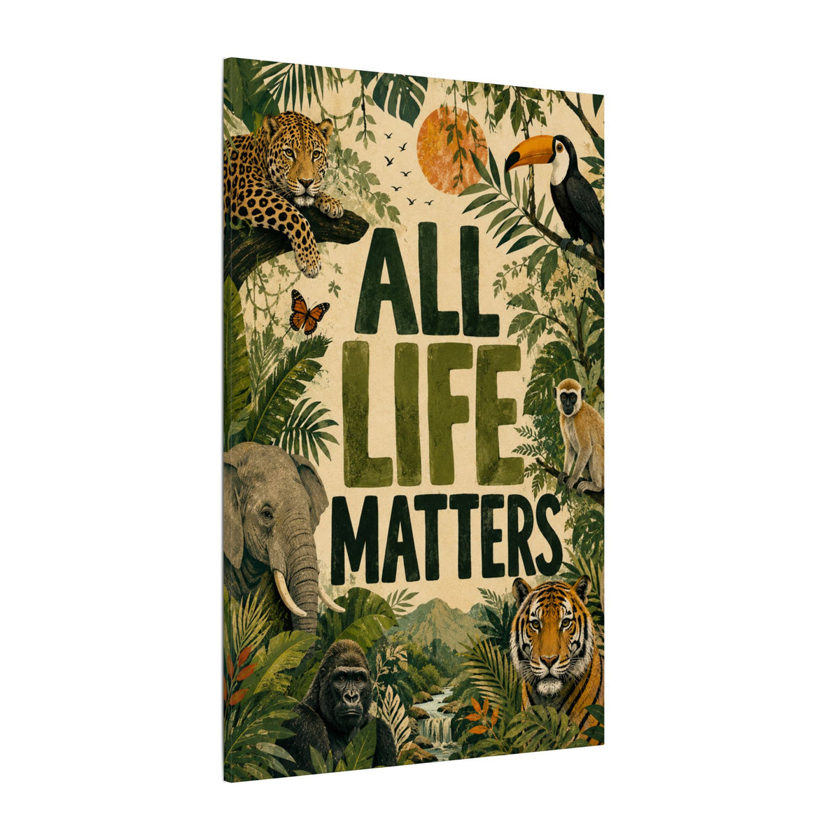 "ALL LIFE MATTERS" (Organic art style) Earthsmart Canvas Wall Art — Jungle Wildlife. (Matte Stretched Print)