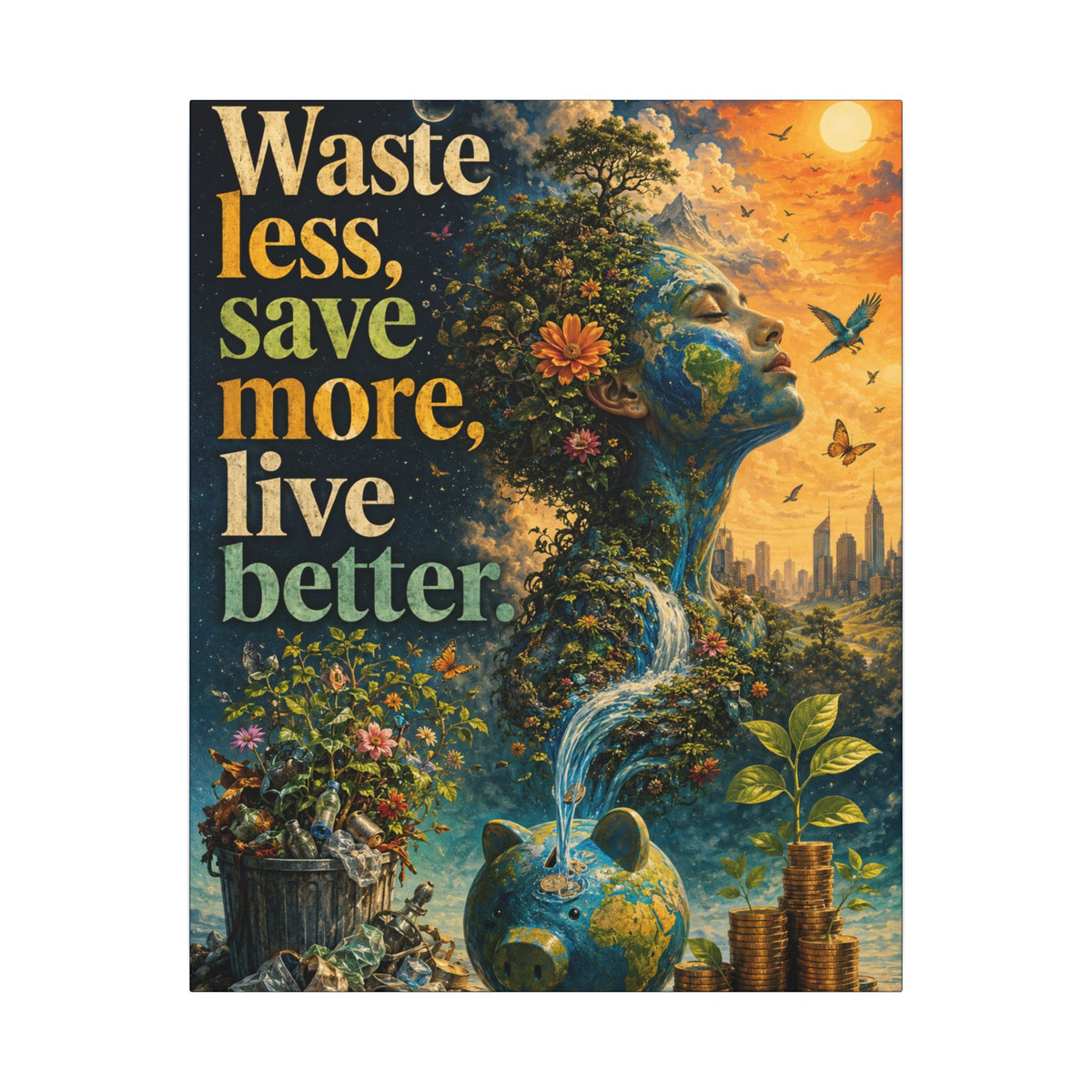 "WASTE LESS, SAVE MORE, LIVE BETTER." - Earthsmart Eco-Friendly Inspirational Wall Art.