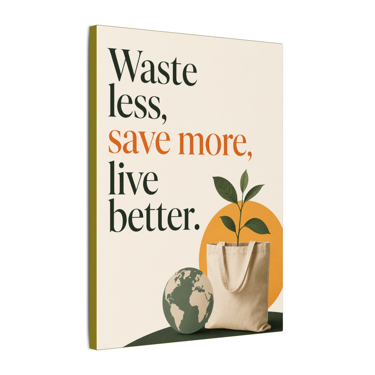 "WASTE LESS, SAVE MORE, LIVE BETTER." (Minimalist art style). Earthsmart Wall Art.