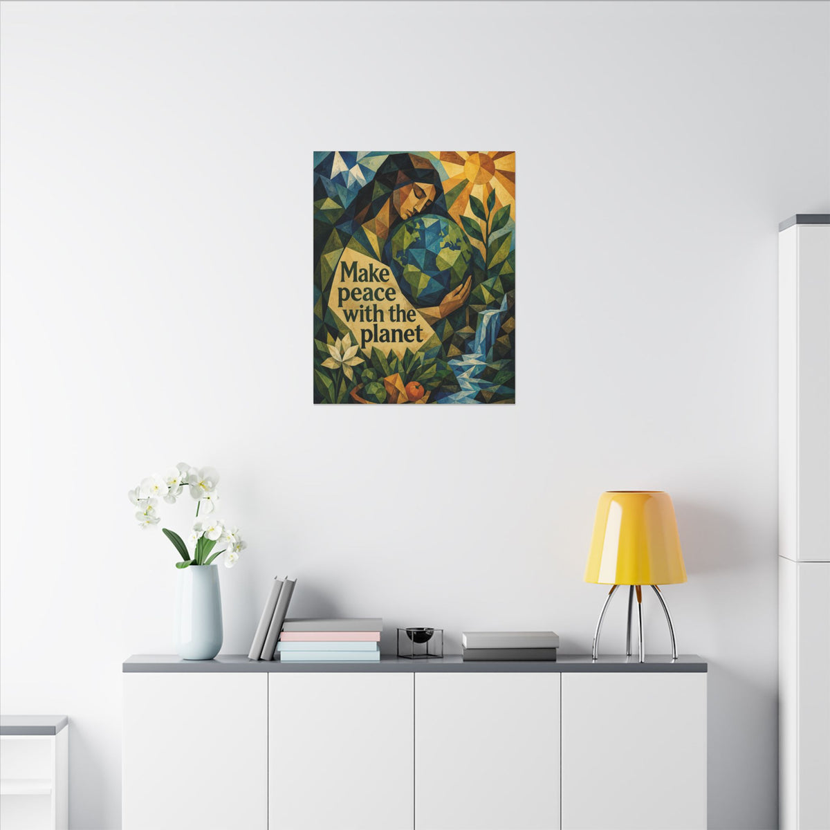 "MAKE PEACE WITH THE PLANET" (Cubist art style). Earthsmart Eco Canvas Wall Art (Matte Stretched Print).