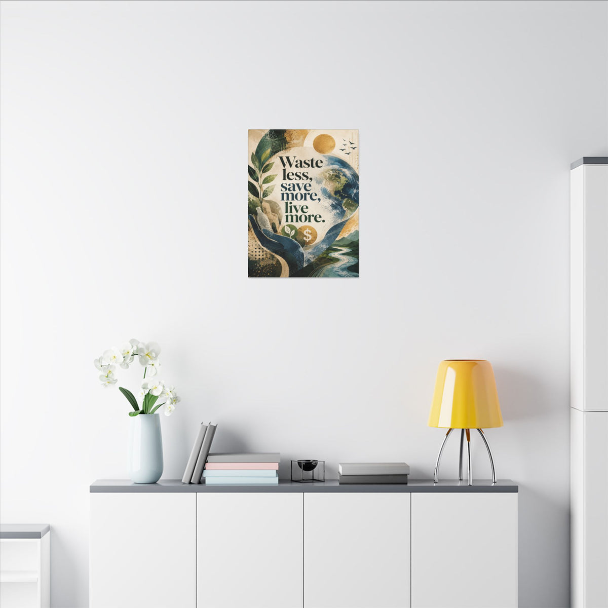 "WASTE LESS, SAVE MORE, LIVE MORE.”(abstract art style).  Earthsmart Eco Motivational Print