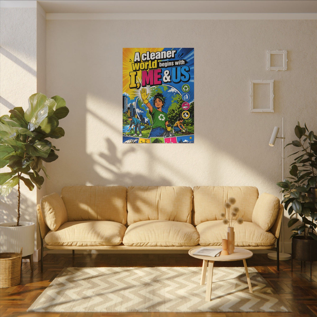 "A CLEANER WORLD BEGINS WITH I, ME & US" (Pop culture art style). Earthsmart Canvas Wall Art. (Matte Stretched Canvas).
