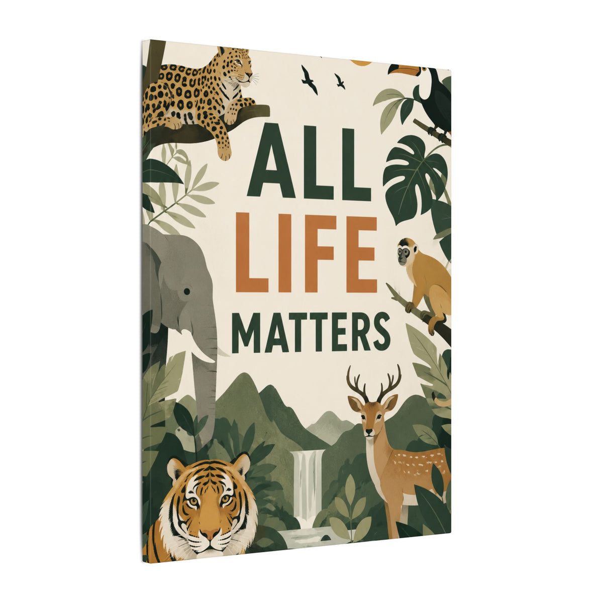 "ALL LIFE MATTERS" (modern art style) - Earthsmart Canvas Wall Art. Jungle Wildlife. (Matte Stretched Print).