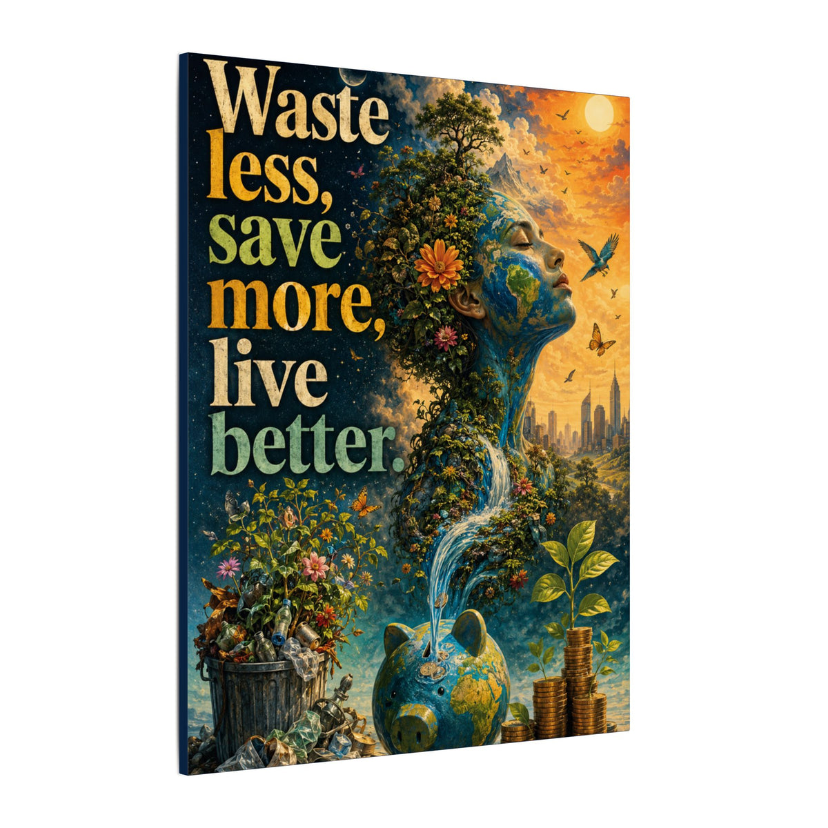 "WASTE LESS, SAVE MORE, LIVE BETTER." - Earthsmart Eco-Friendly Inspirational Wall Art.