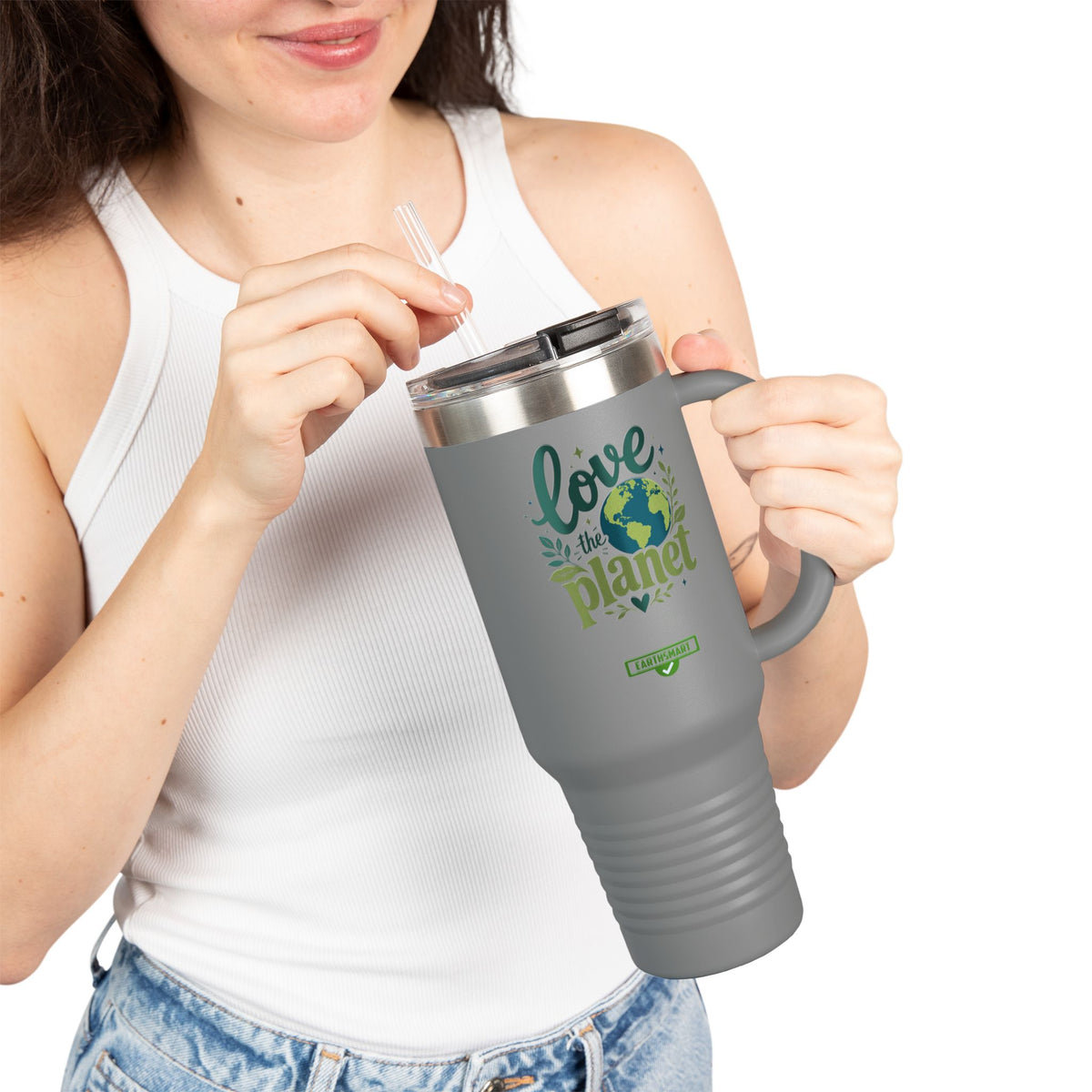EARTHSMART ECO TUMBLER - 'LOVE THE PLANET' version -  100% stainless steel (body), 100% recycled plastic (straw and lid).(1.8L - 40OZ)
