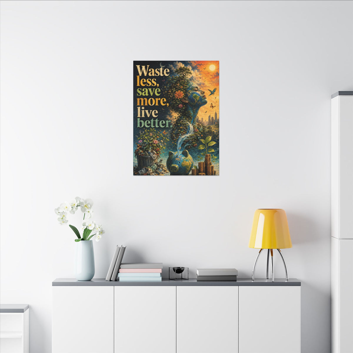 "WASTE LESS, SAVE MORE, LIVE BETTER." - Earthsmart Eco-Friendly Inspirational Wall Art.