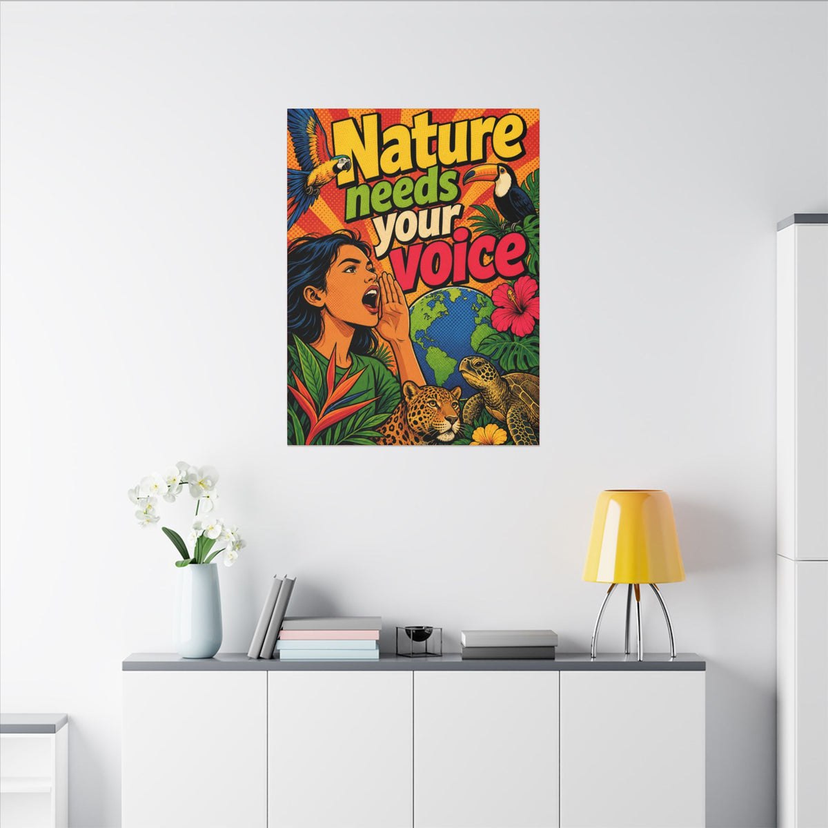 "NATURE NEEDS YOUR VOICE" (Pop art style). Earthsmart Eco Canvas Wall Art (Matte Stretched Print).