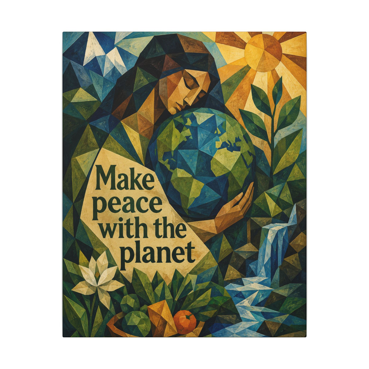 "MAKE PEACE WITH THE PLANET" (Cubist art style). Earthsmart Eco Canvas Wall Art (Matte Stretched Print).
