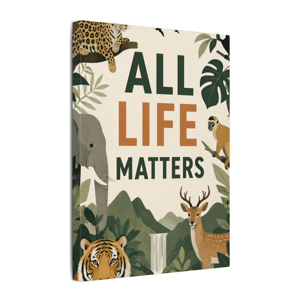 "ALL LIFE MATTERS" (modern art style) - Earthsmart Canvas Wall Art. Jungle Wildlife. (Matte Stretched Print).
