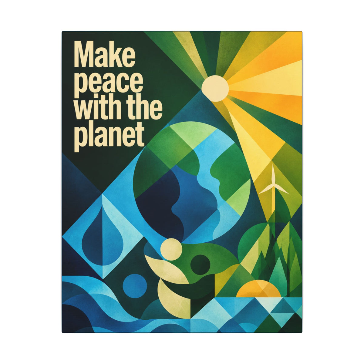 "MAKE PEACE WITH THE PLANET" (Radical Geometric art style). Earthsmart Eco Canvas Wall Art (Matte Stretched Print).