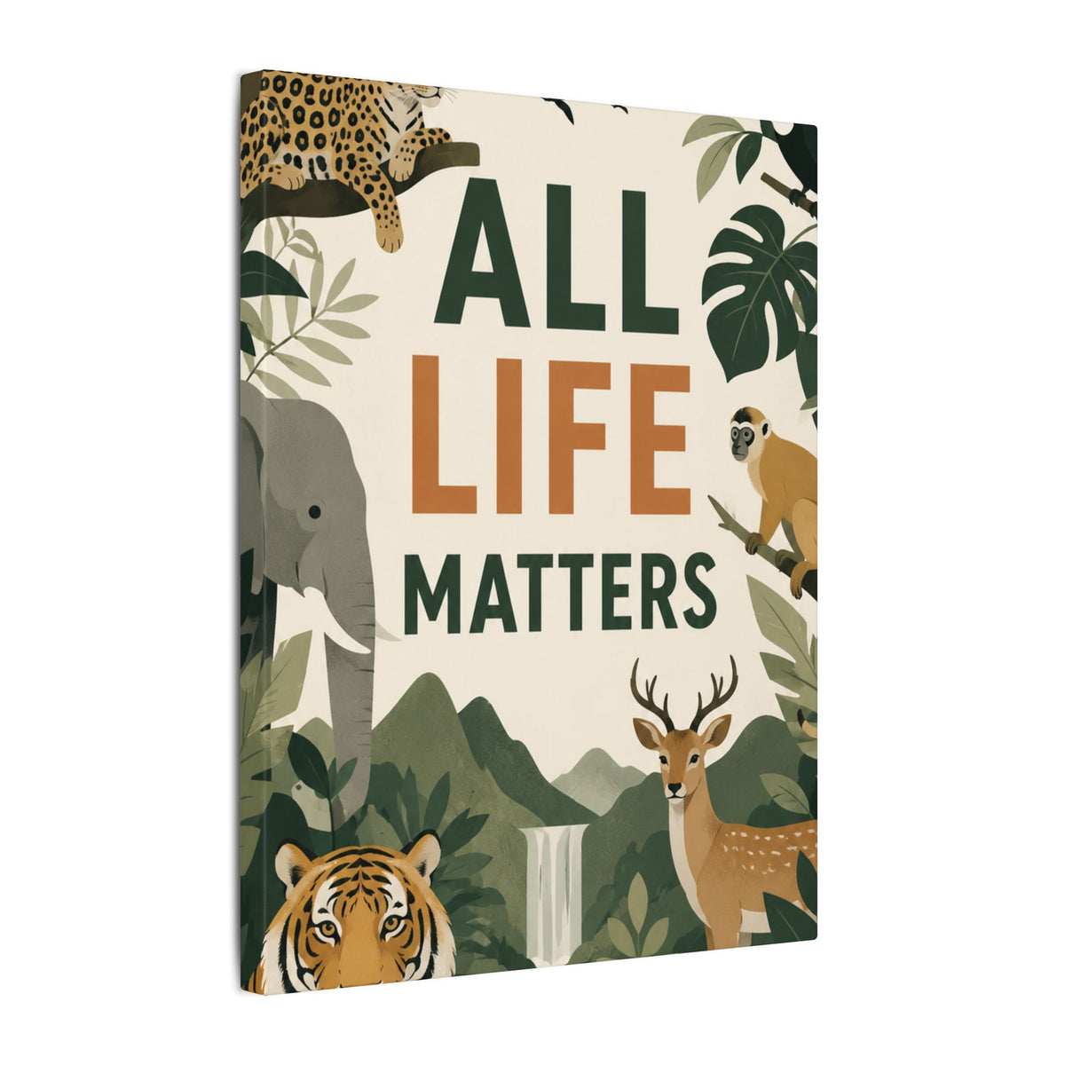 "ALL LIFE MATTERS" (modern art style) - Earthsmart Canvas Wall Art. Jungle Wildlife. (Matte Stretched Print).