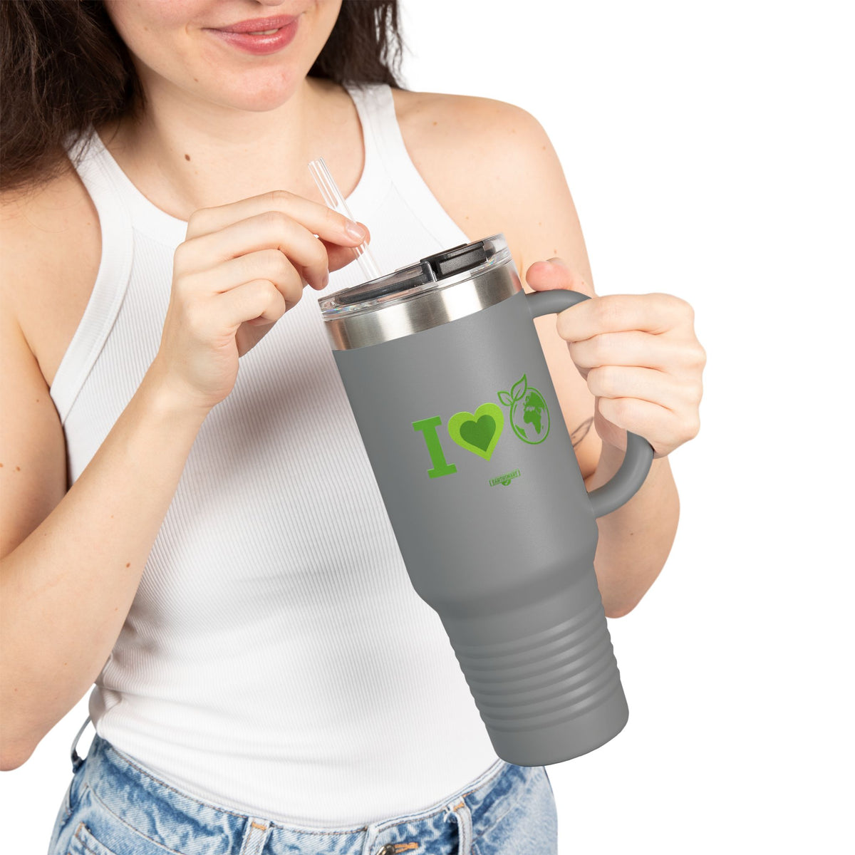 EARTHSMART ECO TUMBLER - 'I LOVE EARTH' version -  100% stainless steel (body), 100% recycled plastic (straw and lid).(1.8L - 40OZ)