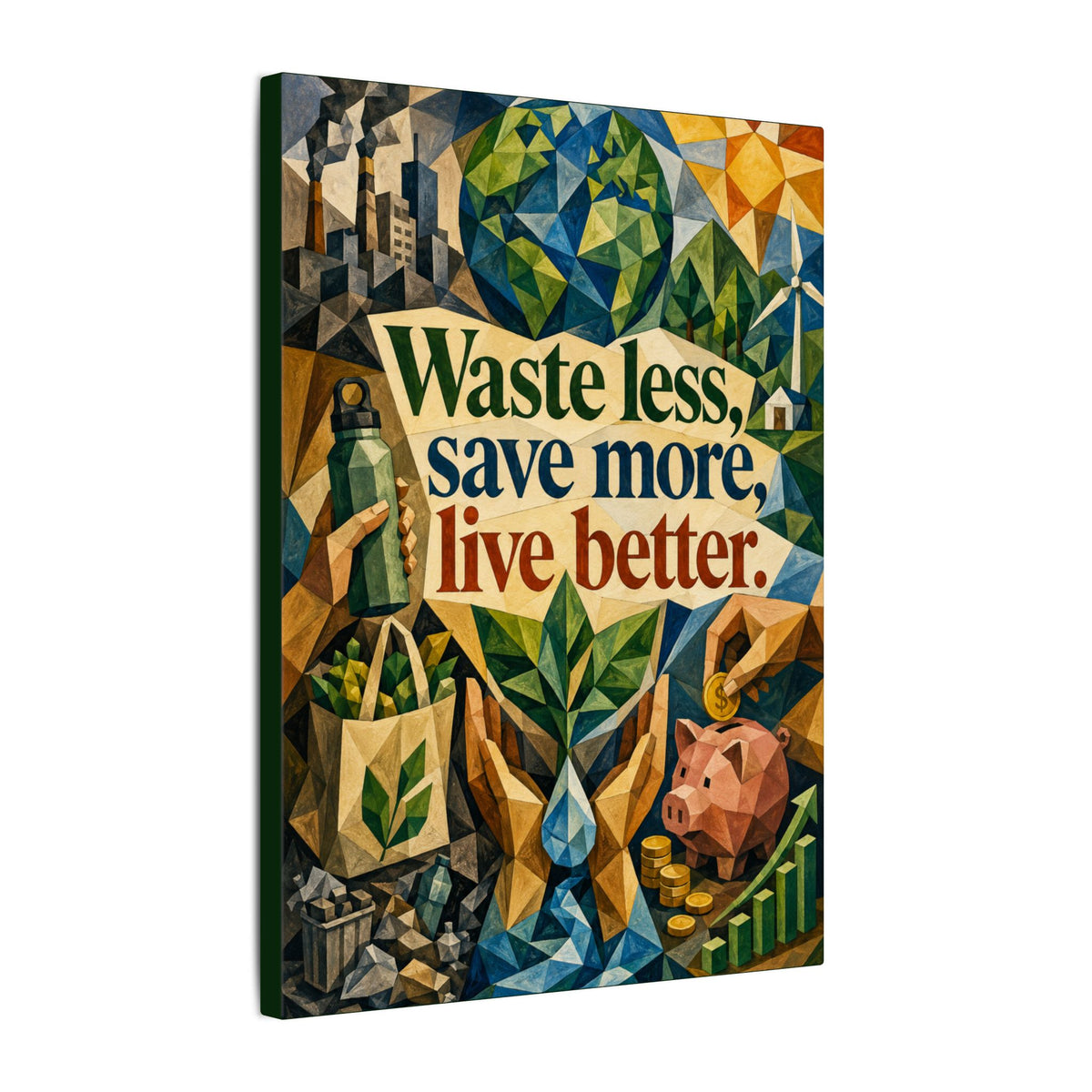 "WASTE LESS SAVE MORE, LIVE BETTTER." (Cubist art style). Earthsmart,  Eco-Friendly Inspirational Wall Art