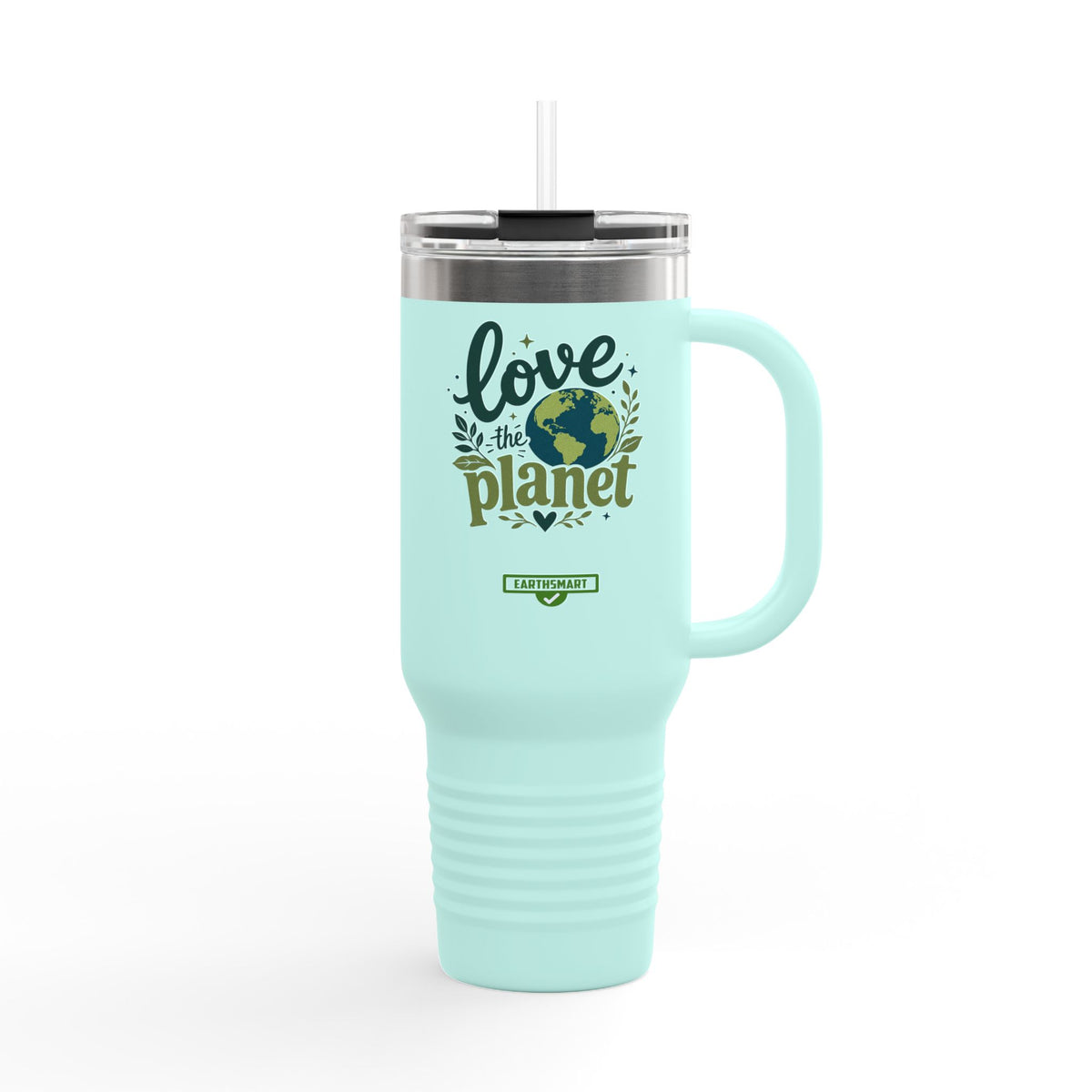 EARTHSMART ECO TUMBLER - 'LOVE THE PLANET' version -  100% stainless steel (body), 100% recycled plastic (straw and lid).(1.8L - 40OZ)