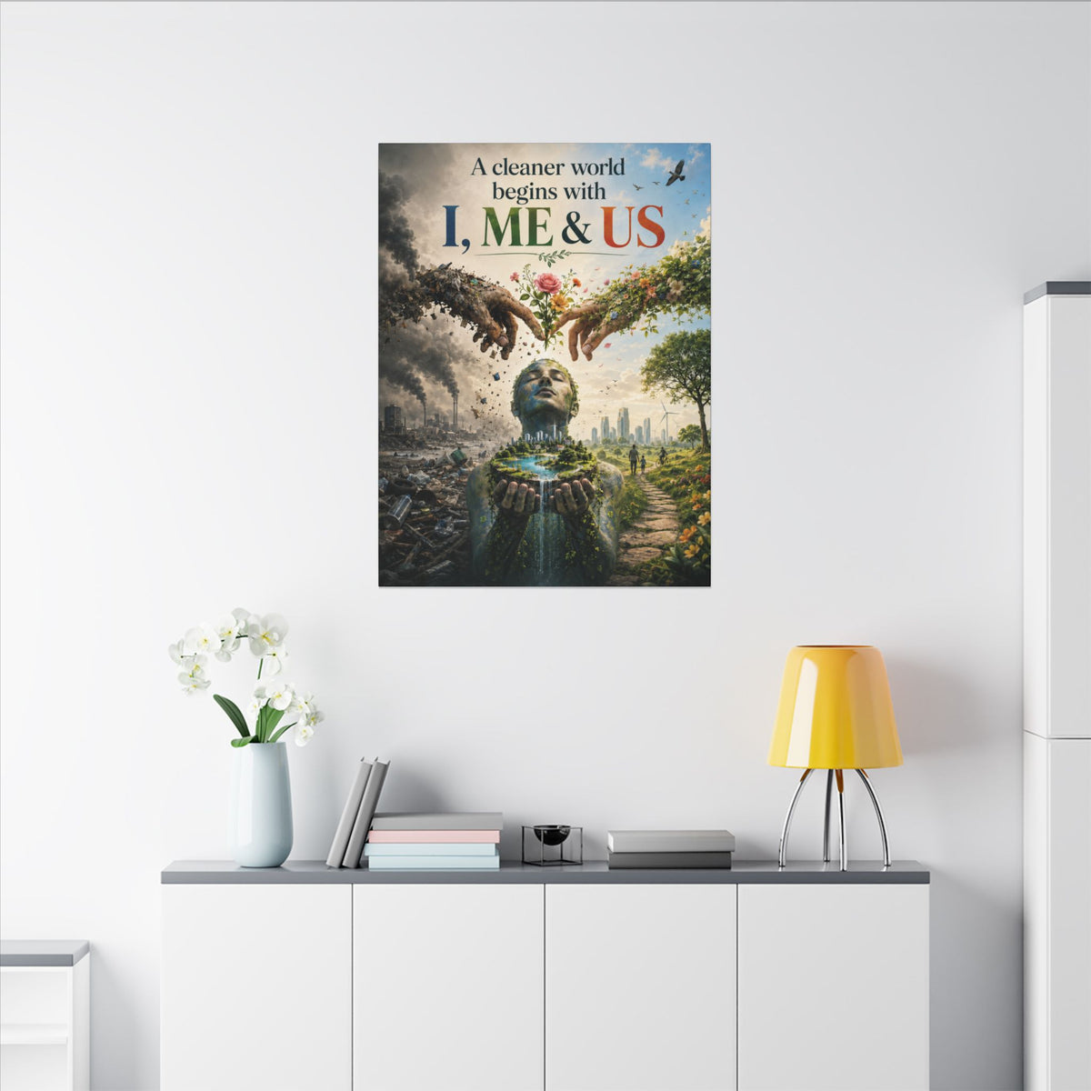 "A CLEANER WORLD BEGINS WITH I, ME & UD" (Surrealist art style). Earthsmart Canvas Wall Art. (Matte Stretched Canvas).