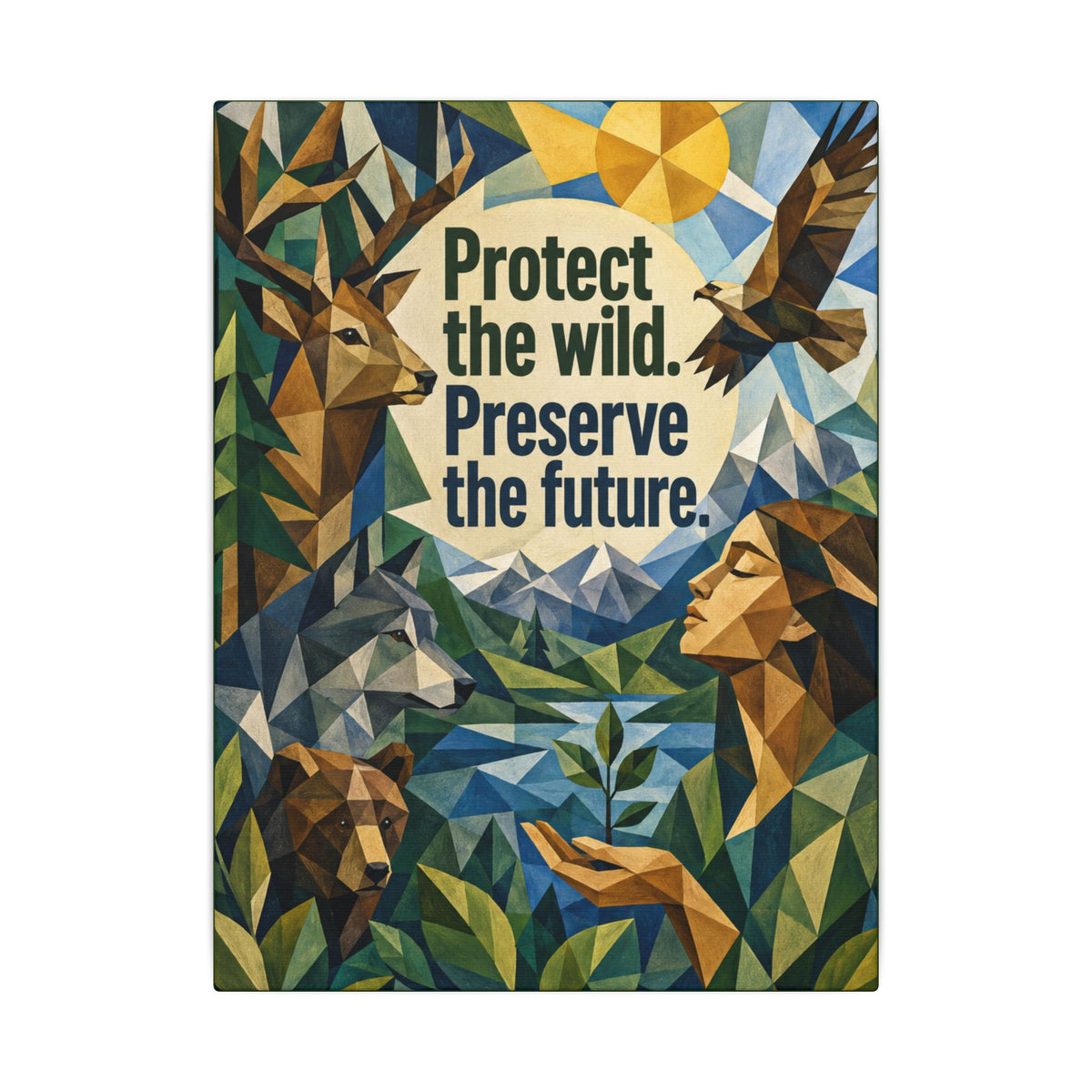 "PROTECT THE WILD PRESERVE THE FUTURE" (Cubist art style). Earthsmart Eco Canvas Wall Art (Matte Stretched Print).