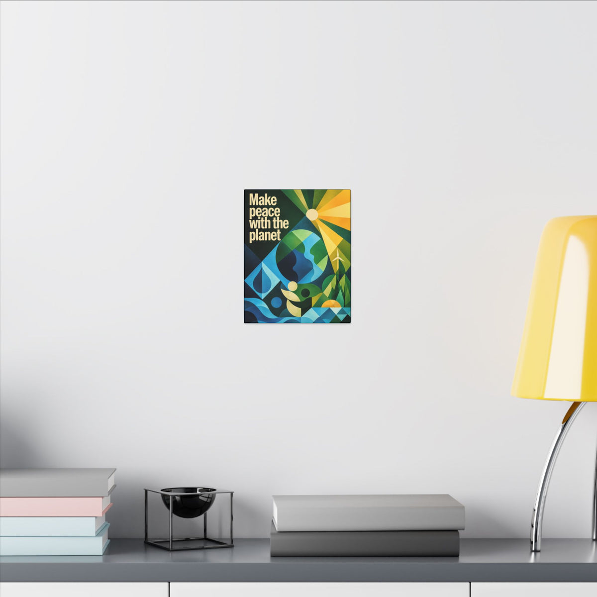 "MAKE PEACE WITH THE PLANET" (Radical Geometric art style). Earthsmart Eco Canvas Wall Art (Matte Stretched Print).