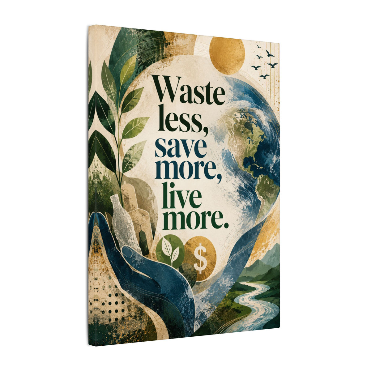 "WASTE LESS, SAVE MORE, LIVE MORE.”(abstract art style).  Earthsmart Eco Motivational Print