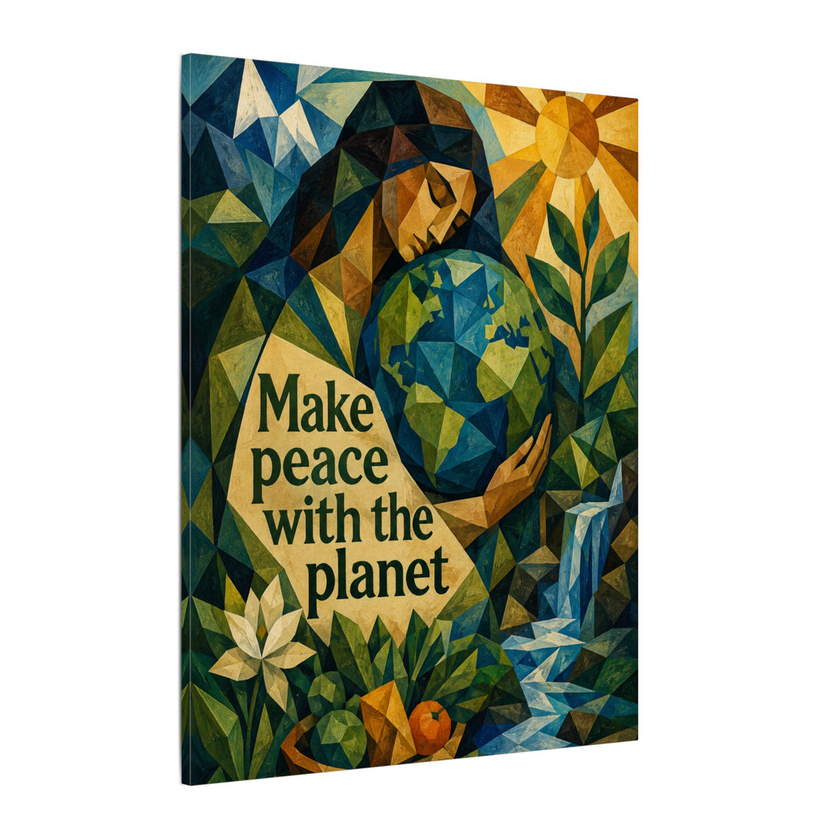 "MAKE PEACE WITH THE PLANET" (Cubist art style). Earthsmart Eco Canvas Wall Art (Matte Stretched Print).