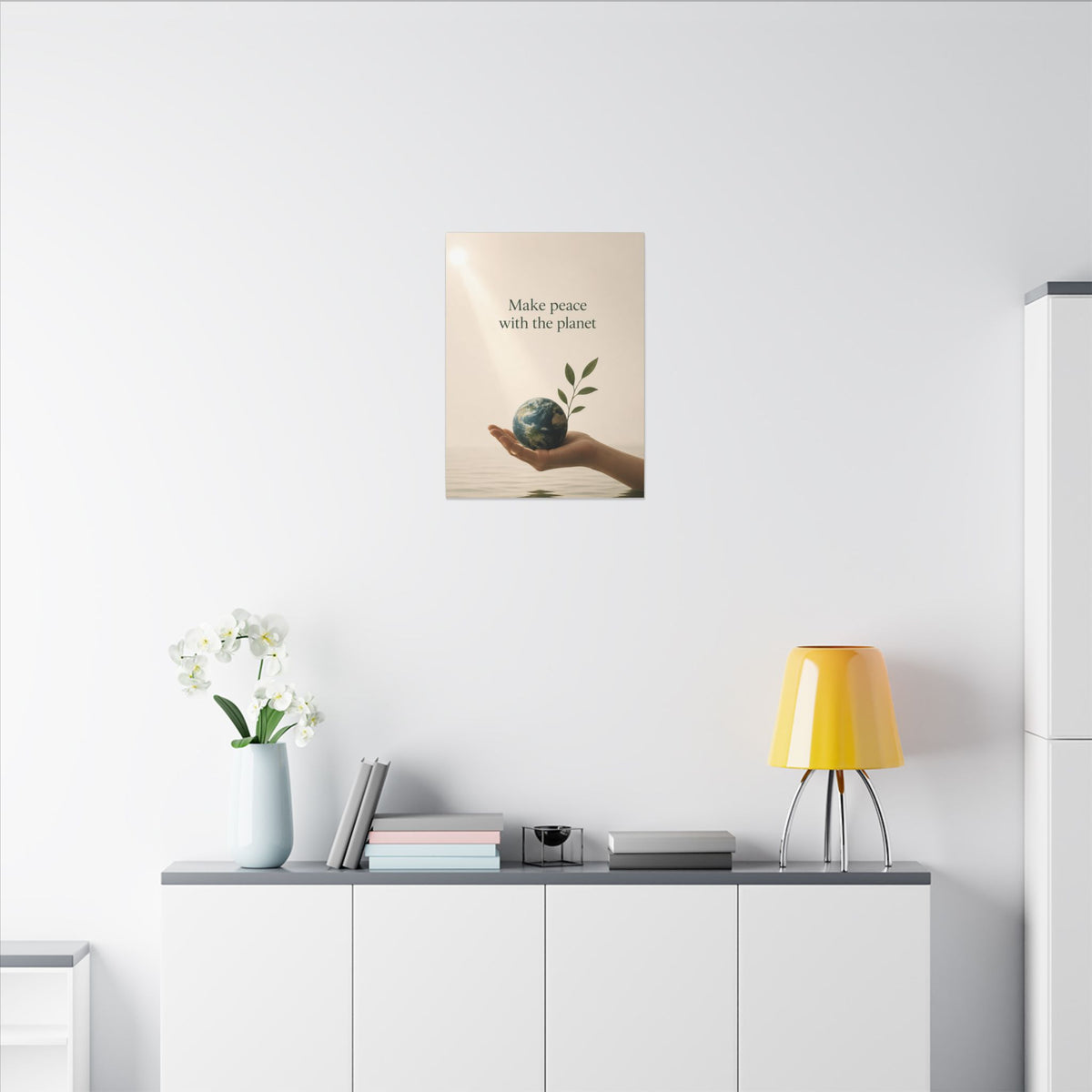 "MAKE PEACE WITH THE PLANET" (Minimalist art style). Earthsmart Eco Canvas Wall Art (Matte Stretched Print).