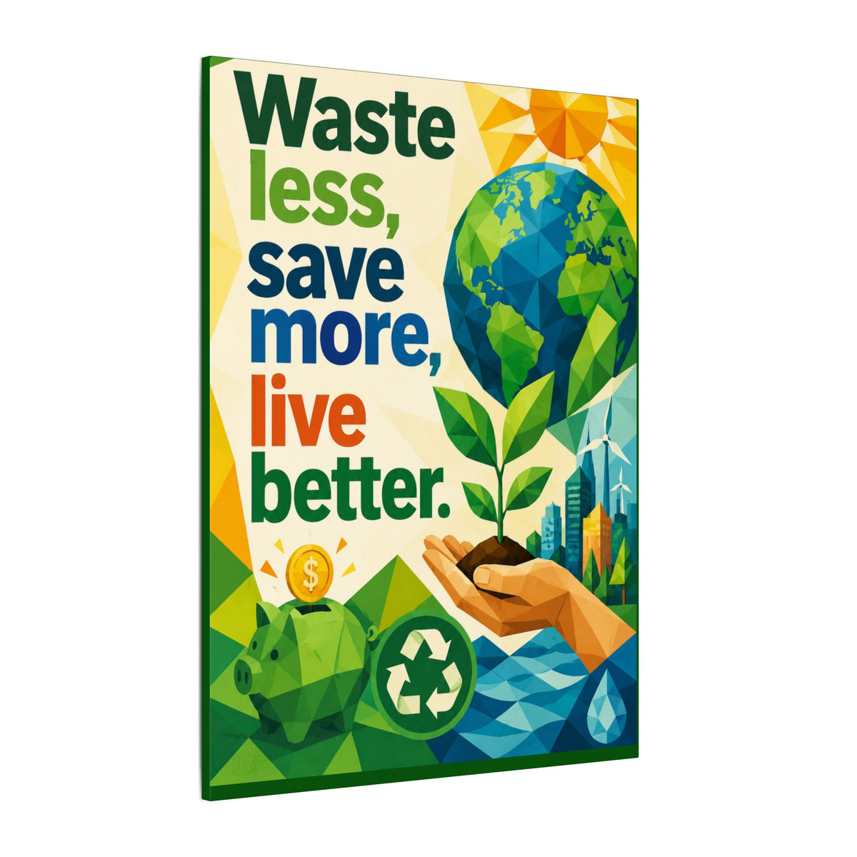 "WASTE LESS SAVE MORE, LIVE BETTTER." (Geometric art style). Earthsmart,  Eco-Friendly Inspirational Wall Art