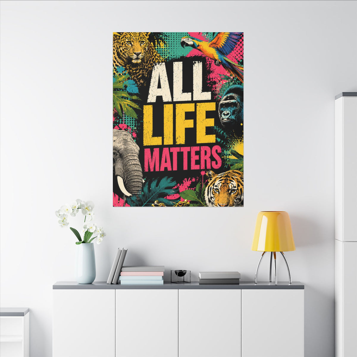 "ALL LIFE MATTERS" (Pop culture art style) - Earthsmart Canvas Wall Art. Jungle Wildlife. (Matte Stretched Print).