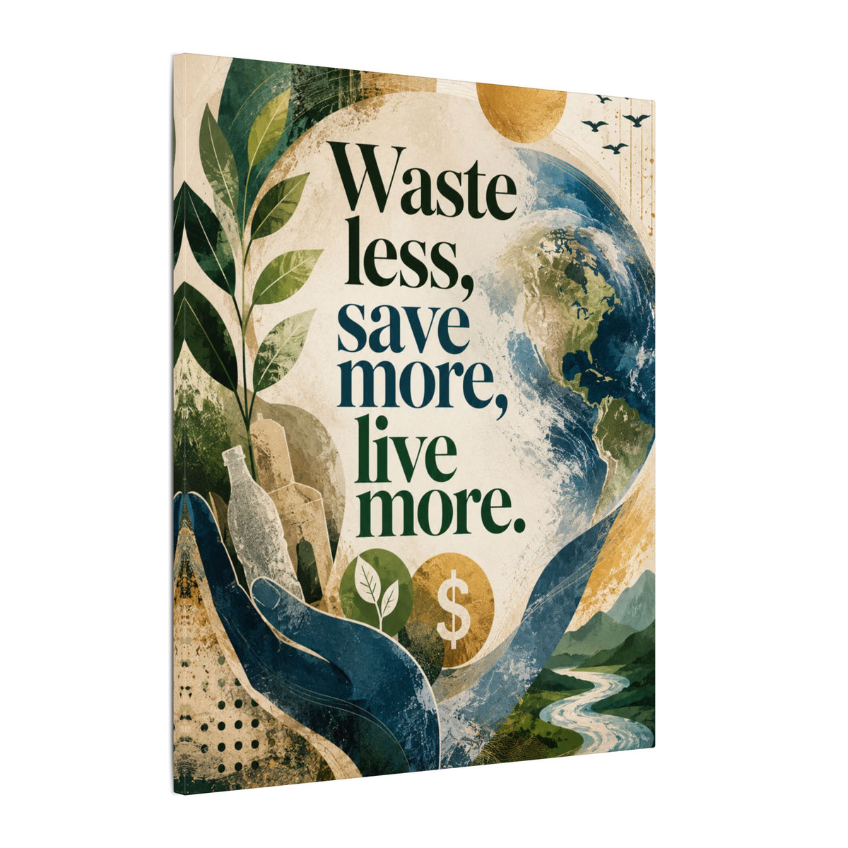 "WASTE LESS, SAVE MORE, LIVE MORE.”(abstract art style).  Earthsmart Eco Motivational Print
