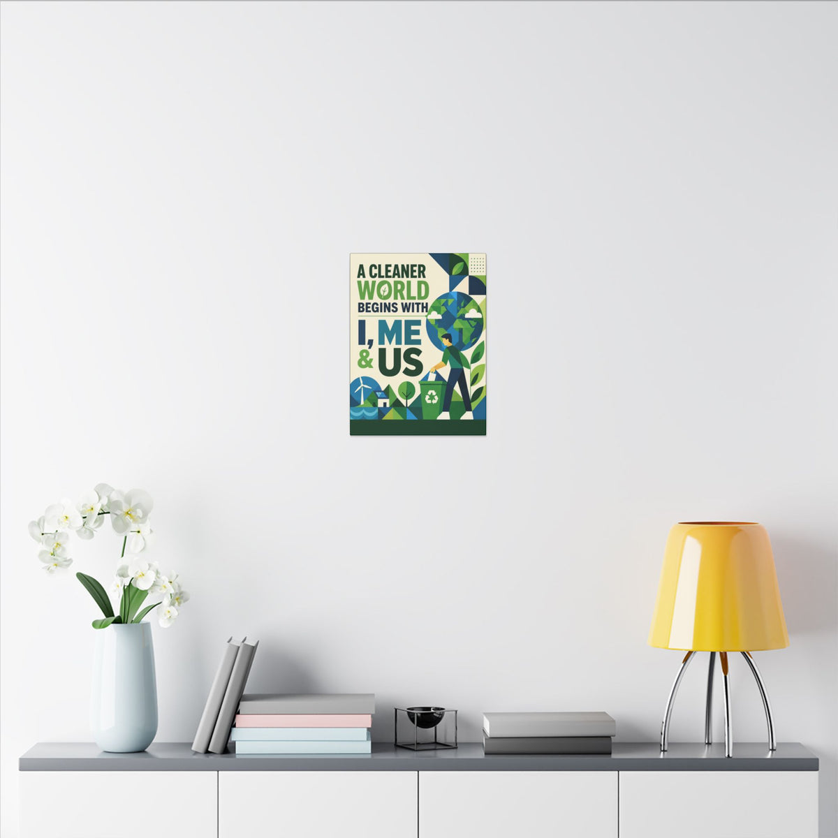 "A CLEANER WORLD BEGINS WITH I, ME & US (Geometric art style). Earthsmart Canvas Wall Art. ( Matte Stretched Print).