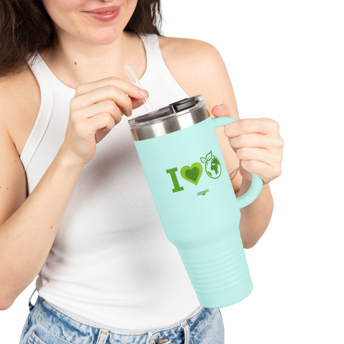 EARTHSMART ECO TUMBLER - 'I LOVE EARTH' version -  100% stainless steel (body), 100% recycled plastic (straw and lid).(1.8L - 40OZ)