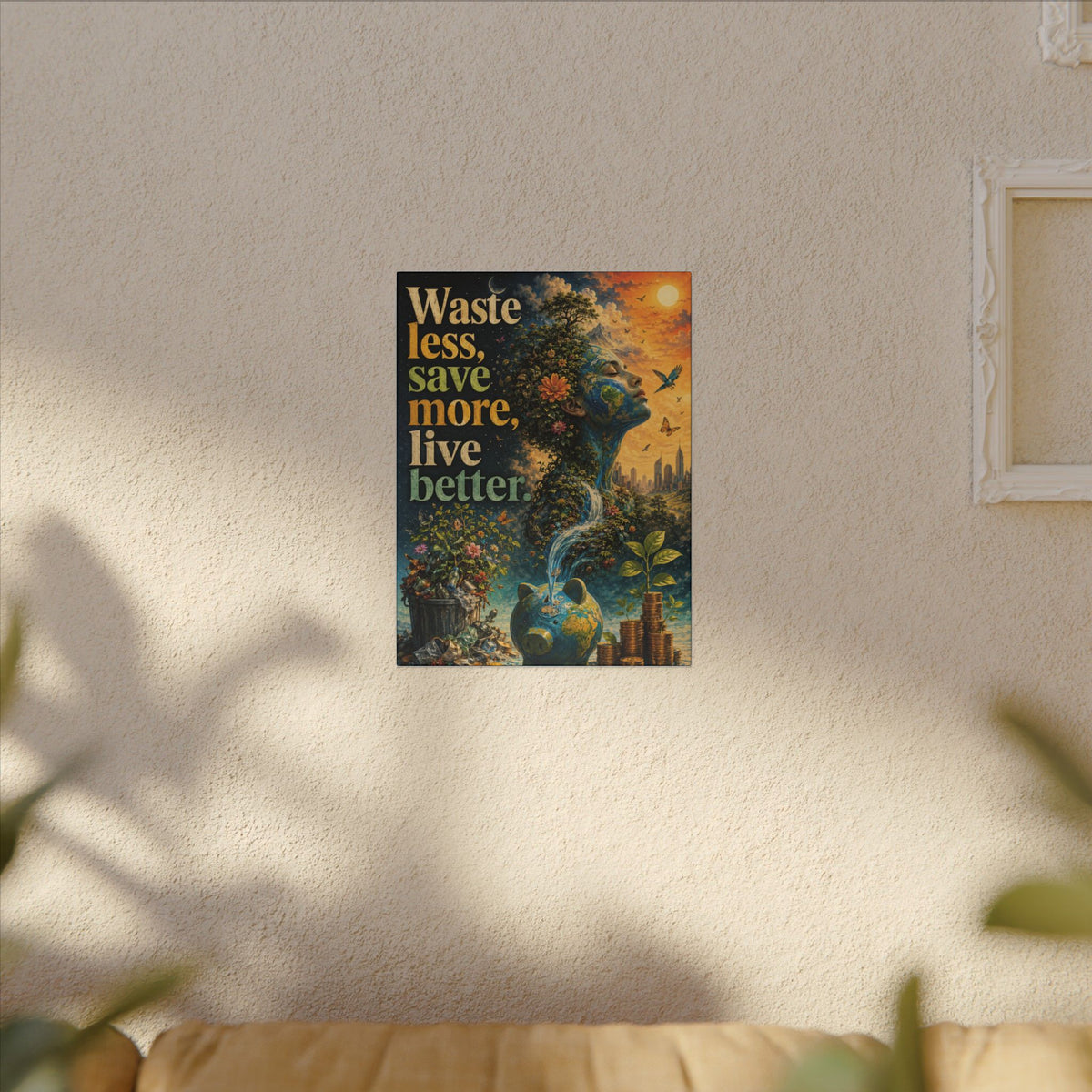 "WASTE LESS, SAVE MORE, LIVE BETTER." - Earthsmart Eco-Friendly Inspirational Wall Art.