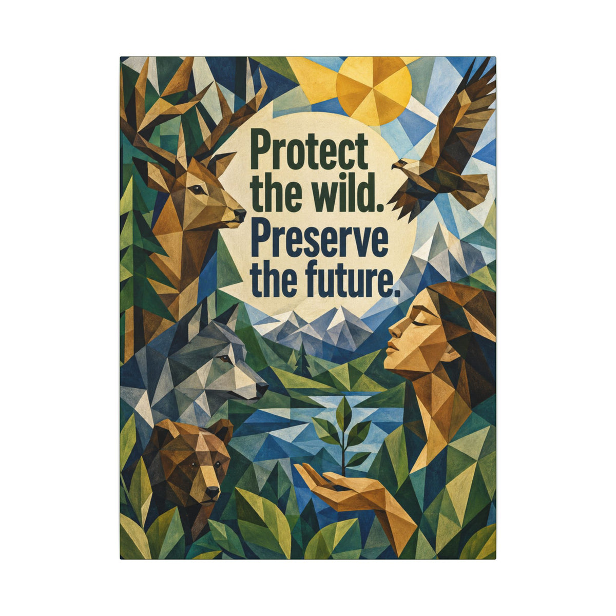 "PROTECT THE WILD PRESERVE THE FUTURE" (Cubist art style). Earthsmart Eco Canvas Wall Art (Matte Stretched Print).