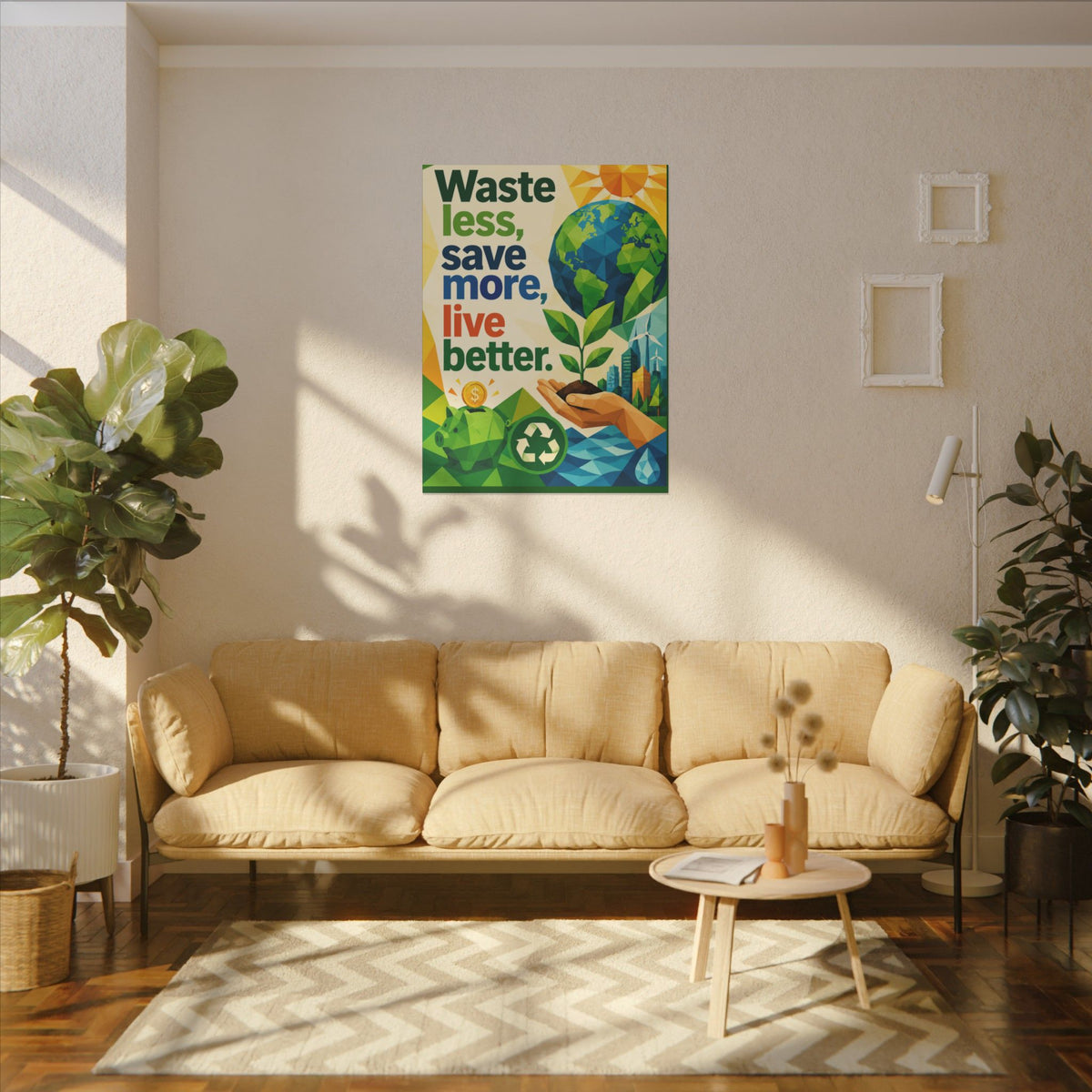 "WASTE LESS SAVE MORE, LIVE BETTTER." (Geometric art style). Earthsmart,  Eco-Friendly Inspirational Wall Art