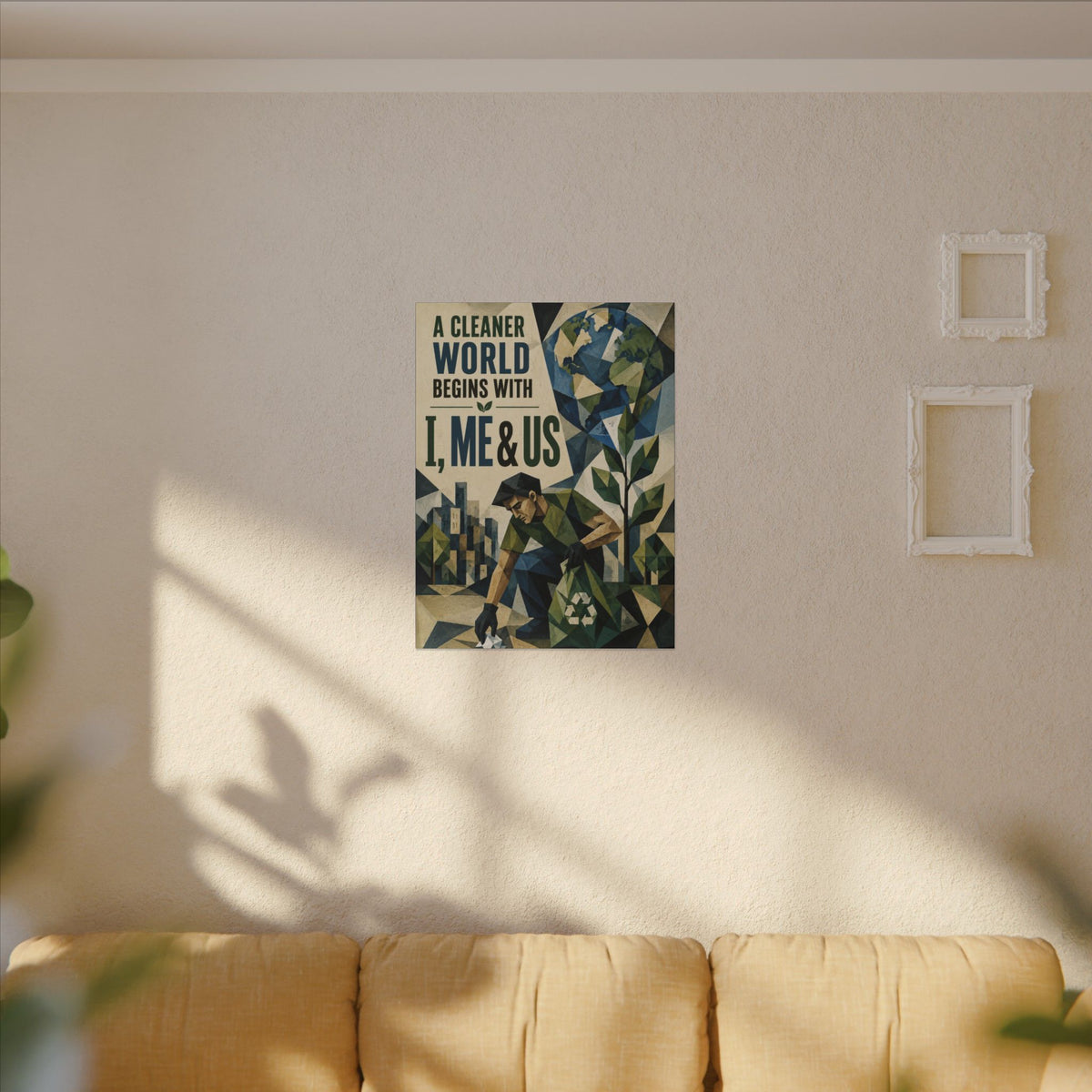 "A CLEANER WORLD BEGINS WITH I, ME & US (Cubist art style). Earthsmart Canvas Wall Art. ( Matte Stretched Print).