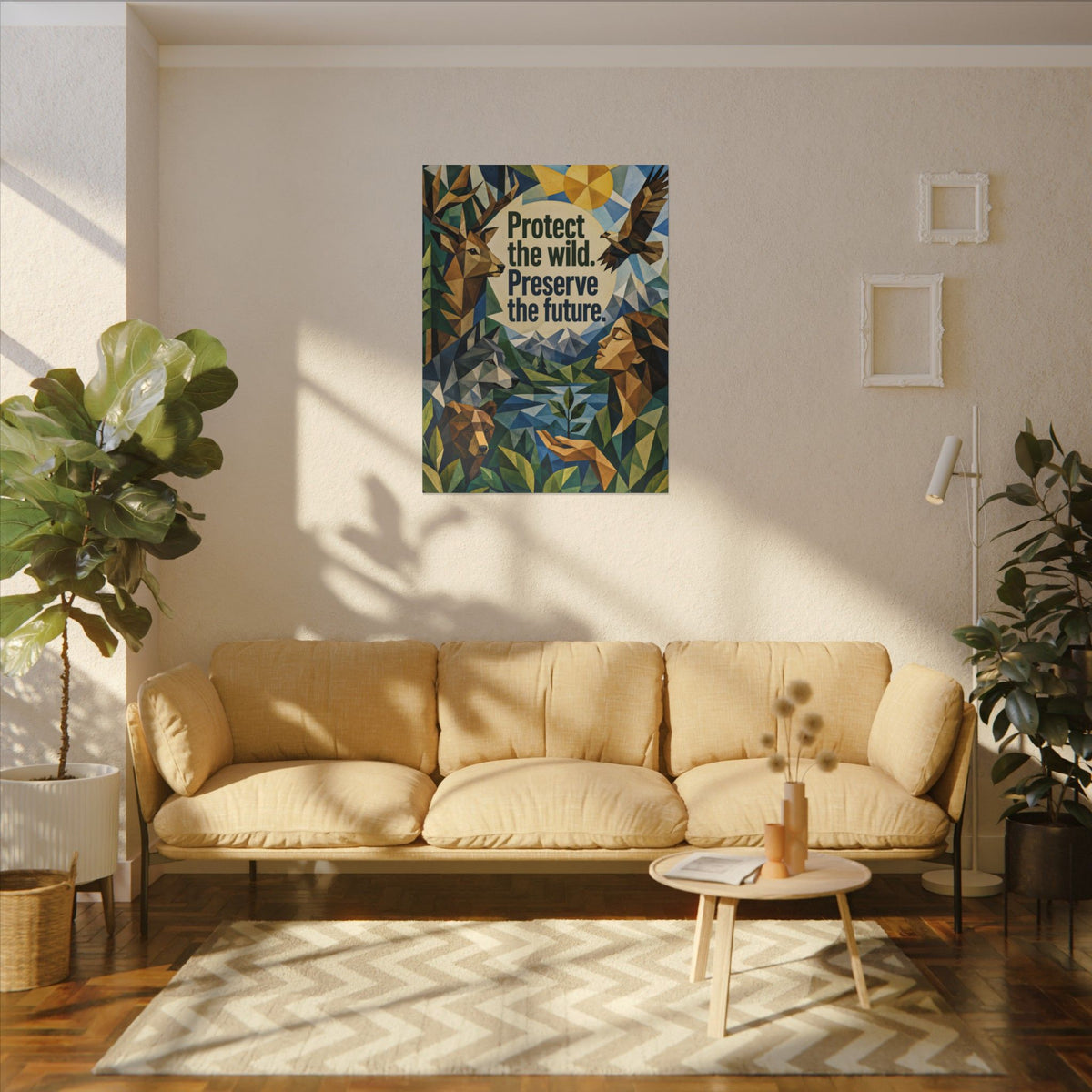 "PROTECT THE WILD PRESERVE THE FUTURE" (Cubist art style). Earthsmart Eco Canvas Wall Art (Matte Stretched Print).