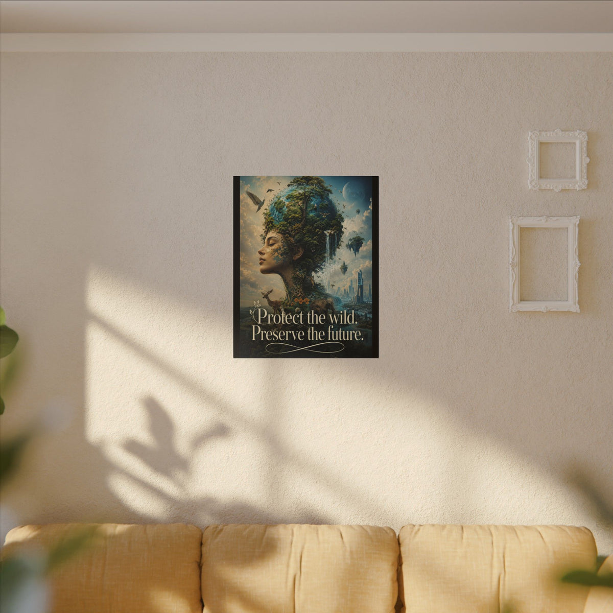 "PROTECT THE WILD PRESERVE THE FUTURE" (Surrealist art style). Earthsmart Eco Canvas Wall Art (Matte Stretched Print).