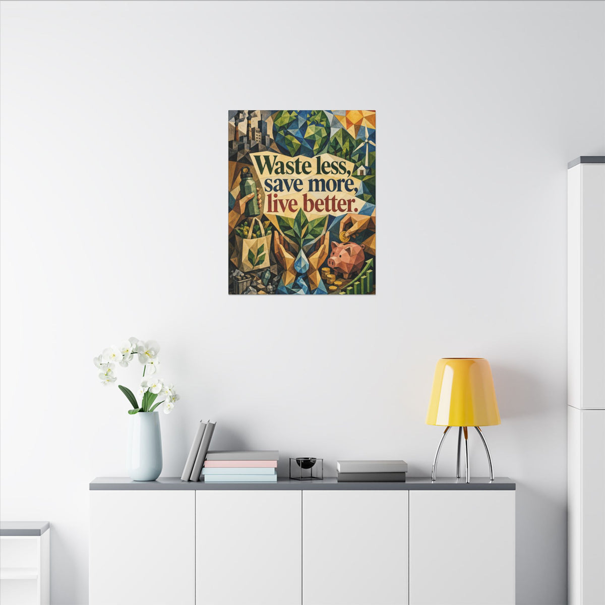 "WASTE LESS SAVE MORE, LIVE BETTTER." (Cubist art style). Earthsmart,  Eco-Friendly Inspirational Wall Art