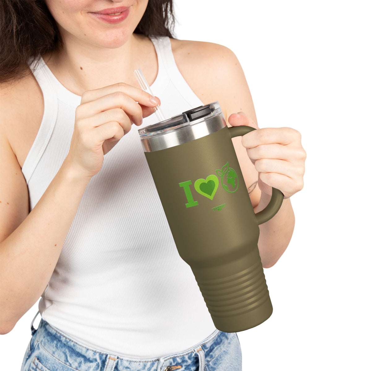 EARTHSMART ECO TUMBLER - 'I LOVE EARTH' version -  100% stainless steel (body), 100% recycled plastic (straw and lid).(1.8L - 40OZ)