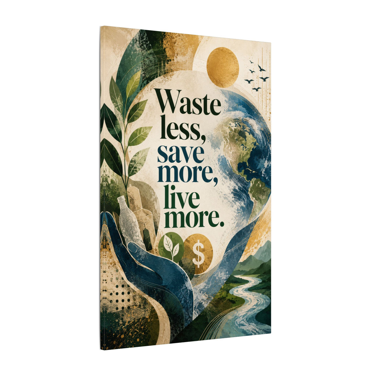"WASTE LESS, SAVE MORE, LIVE MORE.”(abstract art style).  Earthsmart Eco Motivational Print