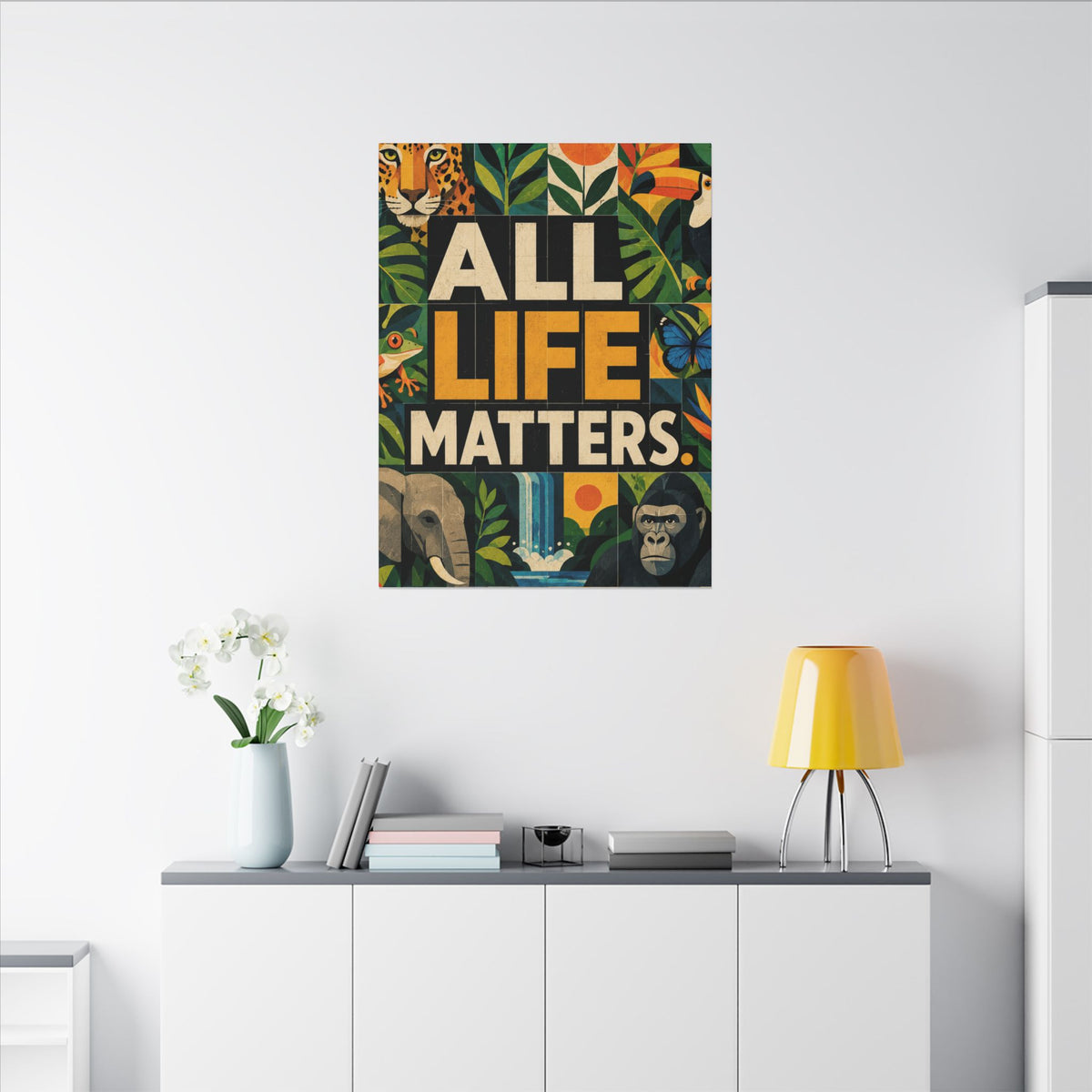 "ALL LIFE MATTERS" (Geometric art style) Earthsmart Canvas Wall Art — Jungle Wildlife. (Matte Stretched Print)