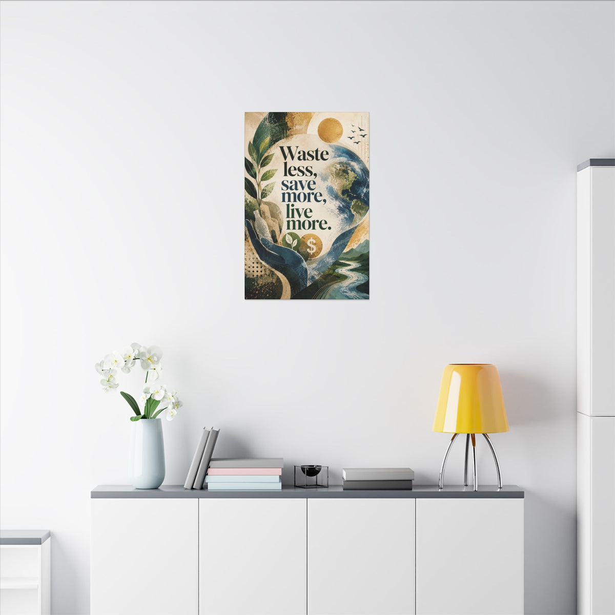 "WASTE LESS, SAVE MORE, LIVE MORE.”(abstract art style).  Earthsmart Eco Motivational Print