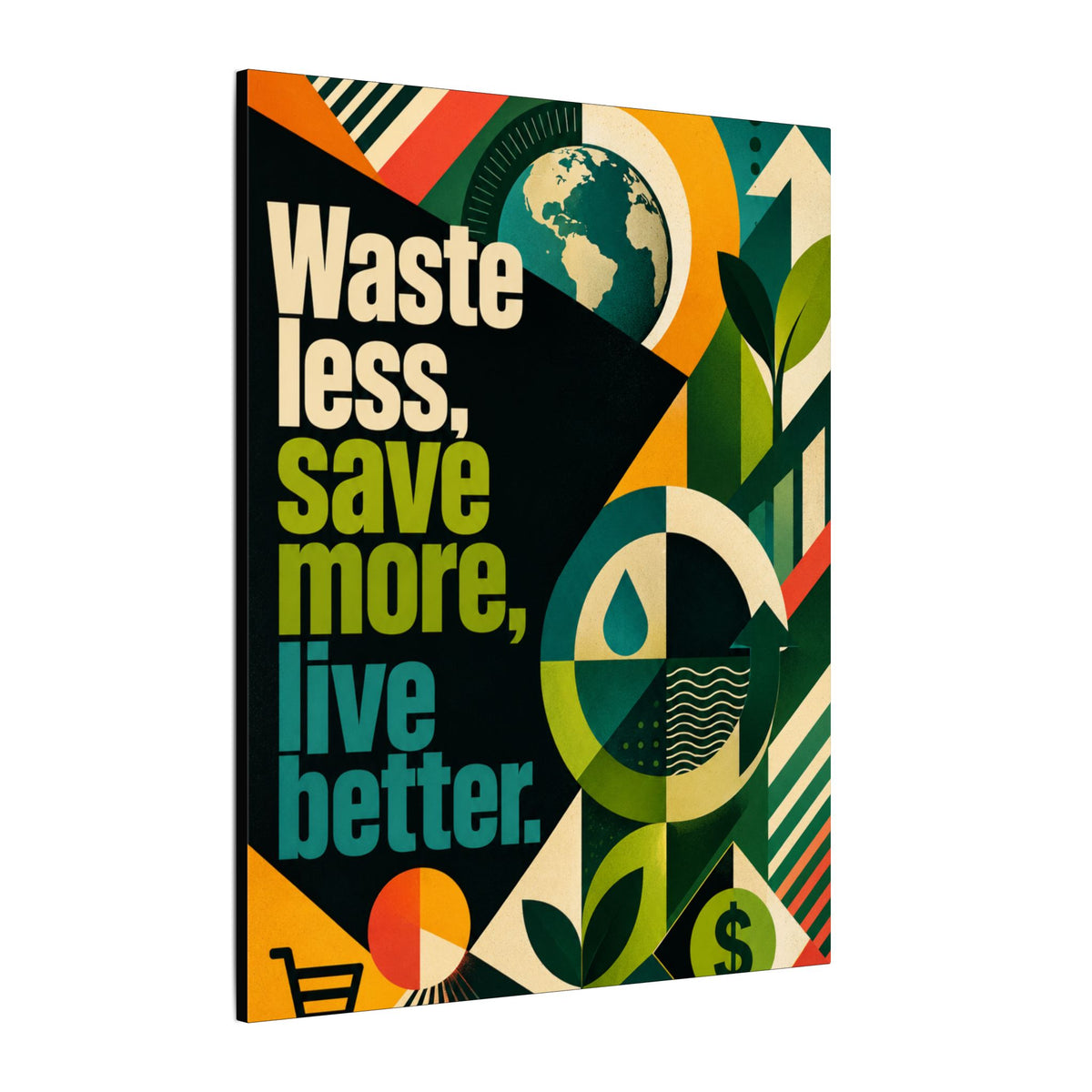 "WASTE LESS, SAVE MORE, LIVE BETTER" (radical geometric art style). Earthsmart Eco Motivational Wall Art.