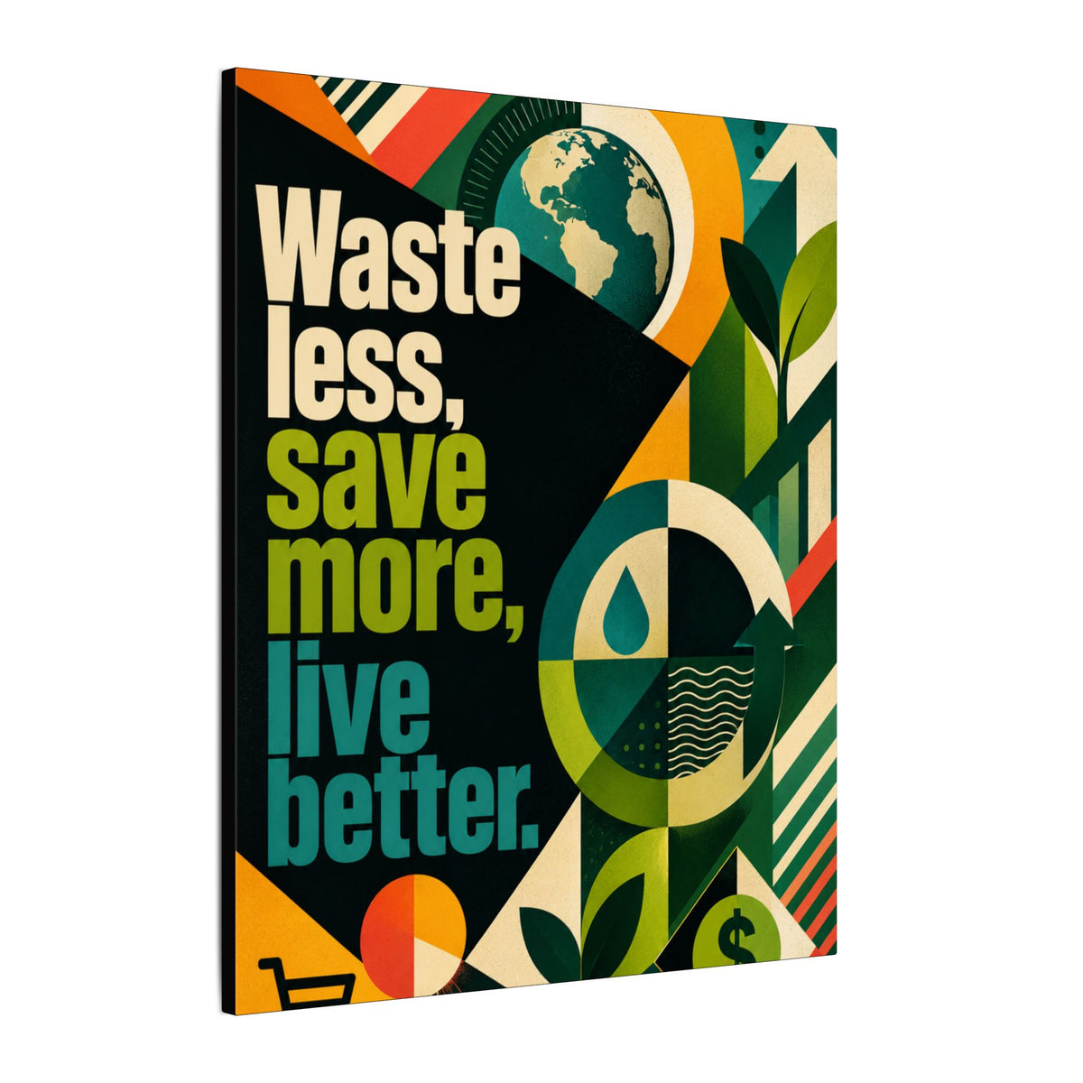 "WASTE LESS, SAVE MORE, LIVE BETTER" (radical geometric art style). Earthsmart Eco Motivational Wall Art.