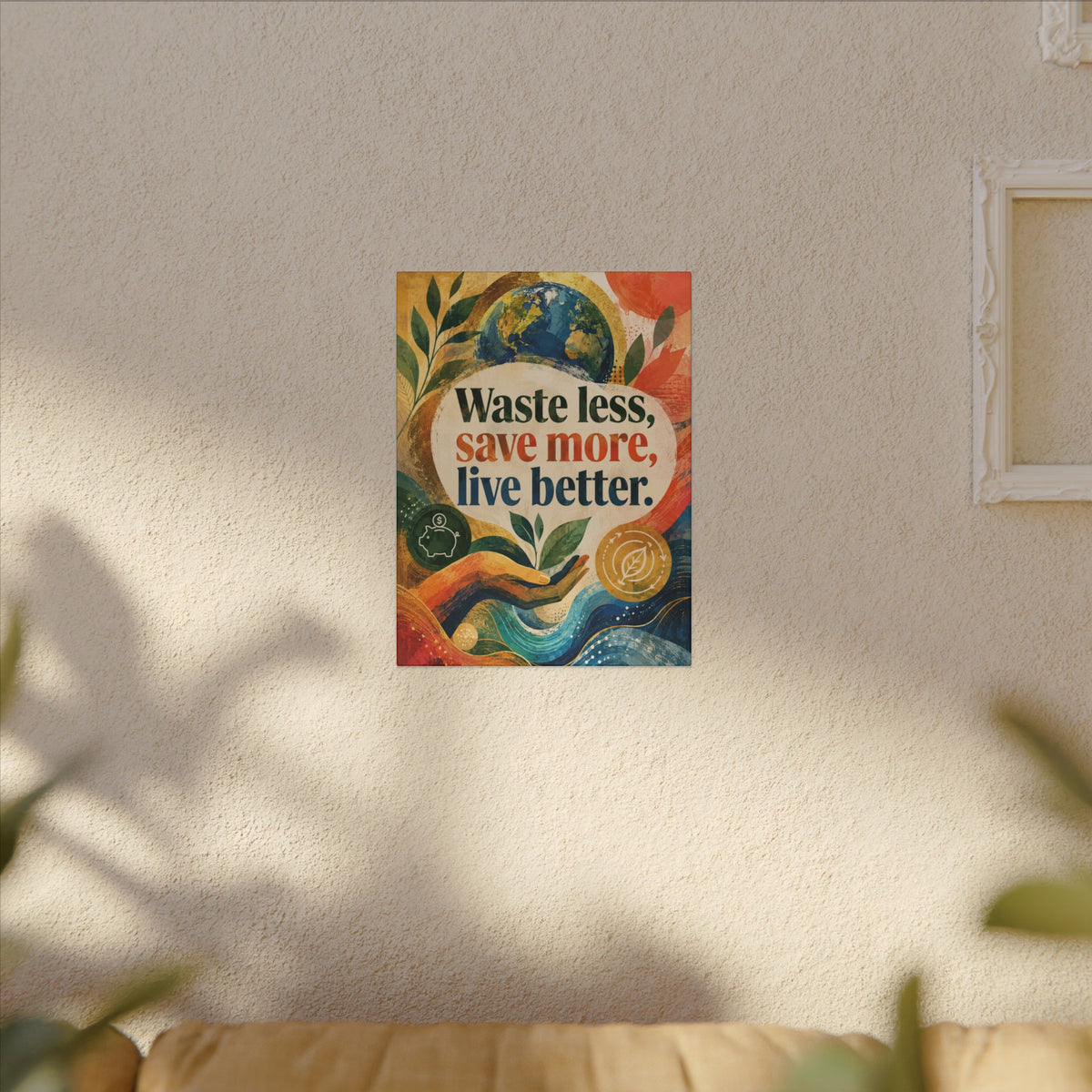 "WASTE LESS, SAVE MORE, LIVE BETTER". – Inspirational Eco Canvas