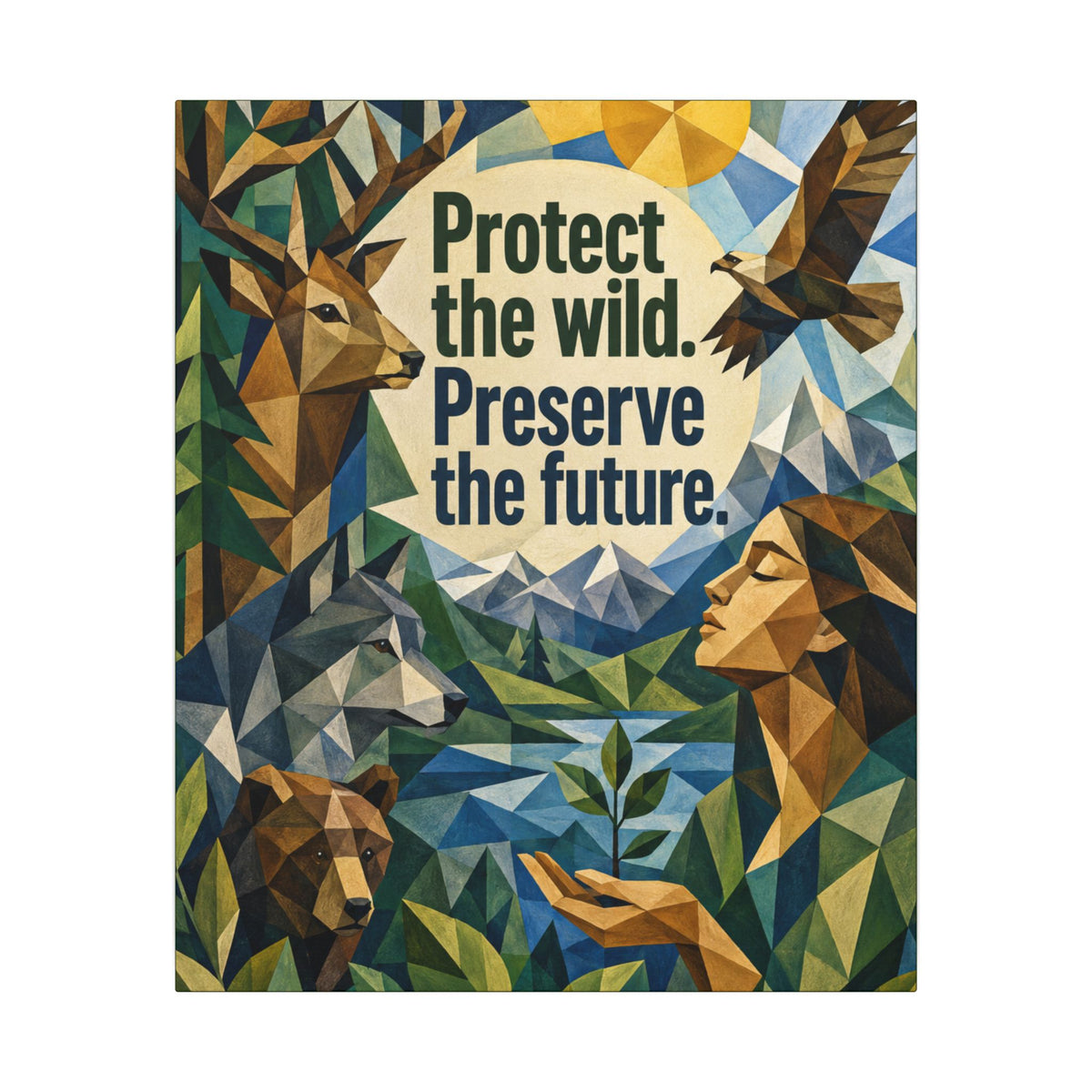 "PROTECT THE WILD PRESERVE THE FUTURE" (Cubist art style). Earthsmart Eco Canvas Wall Art (Matte Stretched Print).