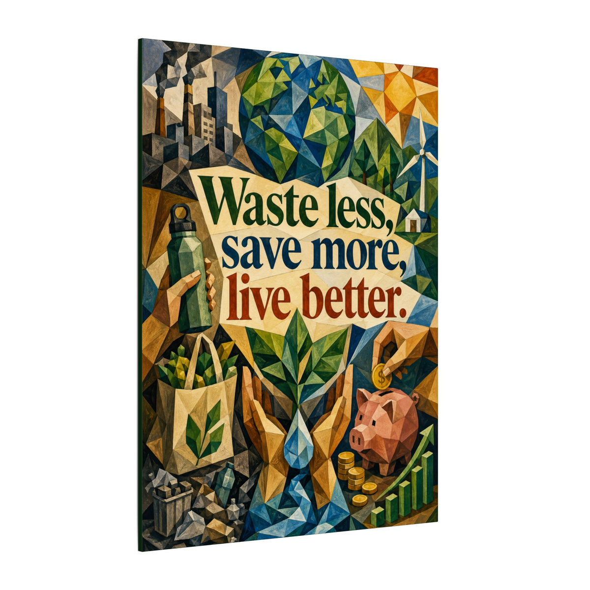"WASTE LESS SAVE MORE, LIVE BETTTER." (Cubist art style). Earthsmart,  Eco-Friendly Inspirational Wall Art