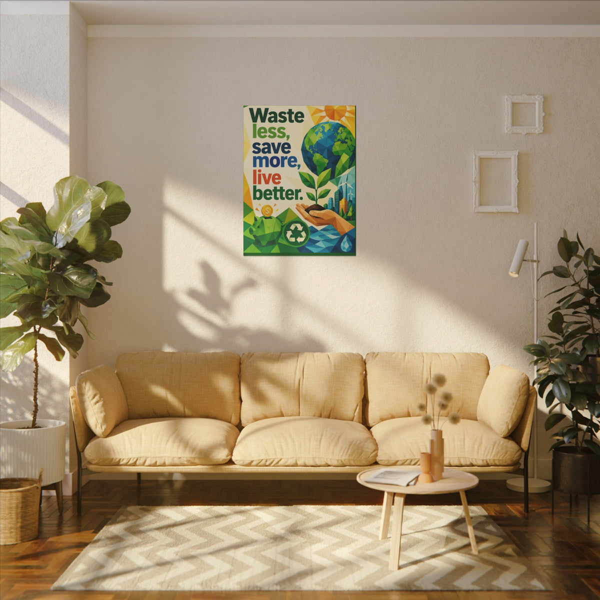 "WASTE LESS SAVE MORE, LIVE BETTTER." (Geometric art style). Earthsmart,  Eco-Friendly Inspirational Wall Art