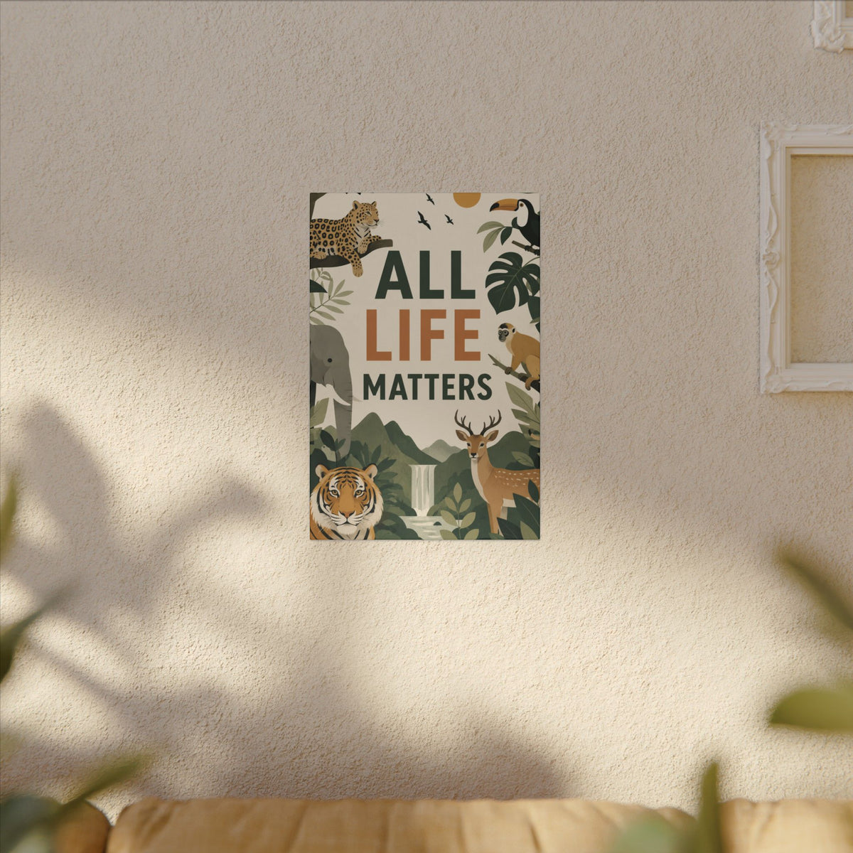 "ALL LIFE MATTERS" (modern art style) - Earthsmart Canvas Wall Art. Jungle Wildlife. (Matte Stretched Print).