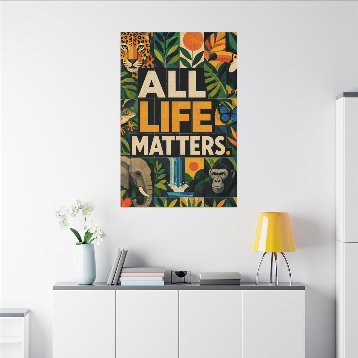 "ALL LIFE MATTERS" (Geometric art style) Earthsmart Canvas Wall Art — Jungle Wildlife. (Matte Stretched Print)