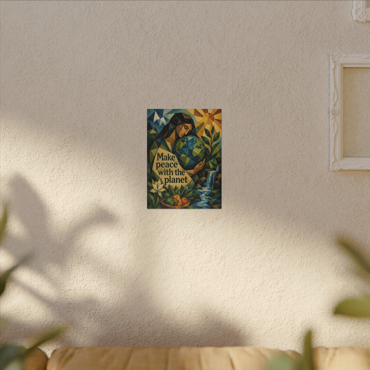 "MAKE PEACE WITH THE PLANET" (Cubist art style). Earthsmart Eco Canvas Wall Art (Matte Stretched Print).