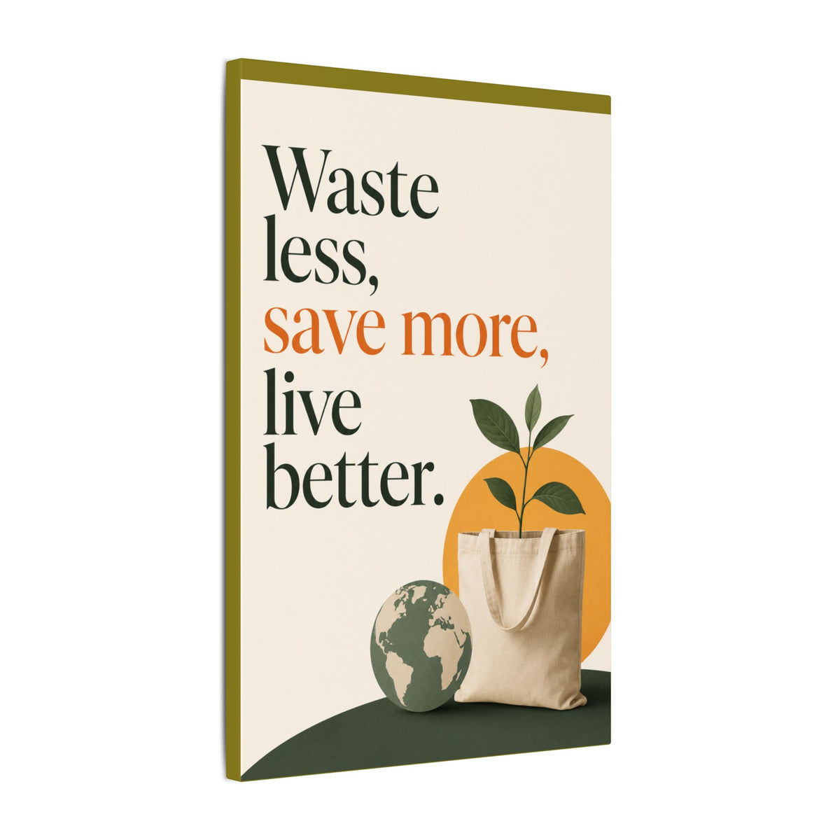 "WASTE LESS, SAVE MORE, LIVE BETTER." (Minimalist art style). Earthsmart Wall Art.